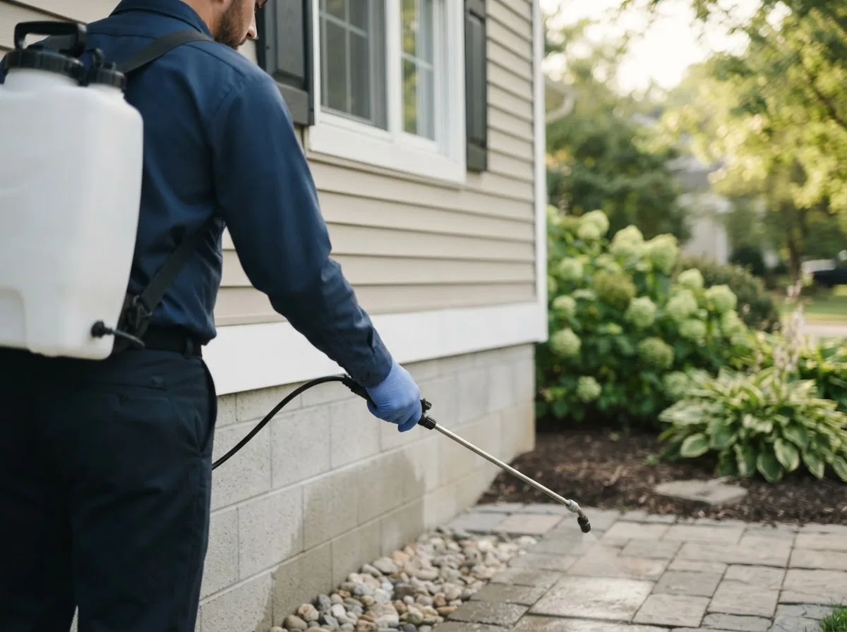 Pest control technician inspecting a home in Goodells, MI